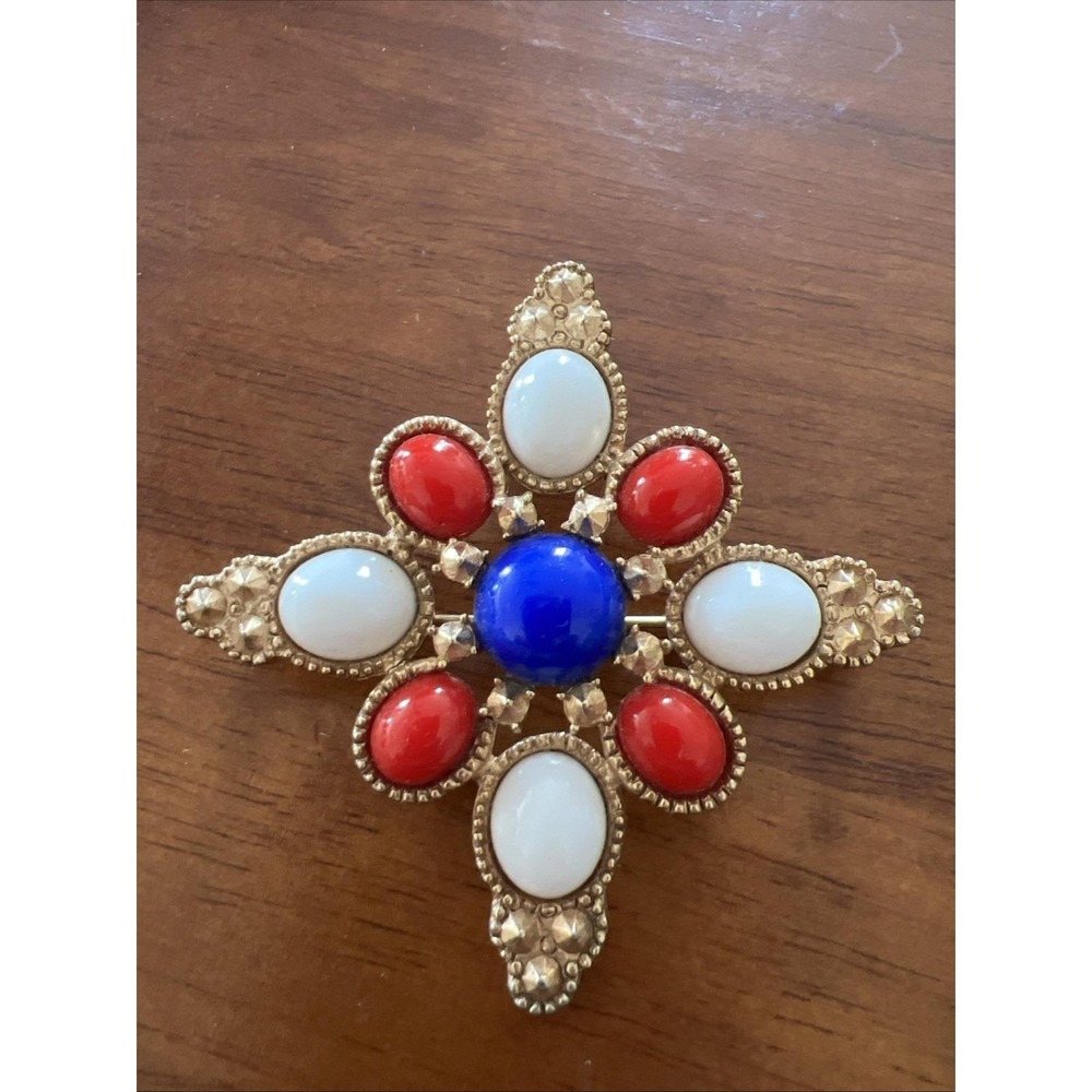 VINTAGE SARAH COVENTRY RED WHITE BLUE MALTESE CROSS PIN BROOCH 2 ½ INCHES SIGNED